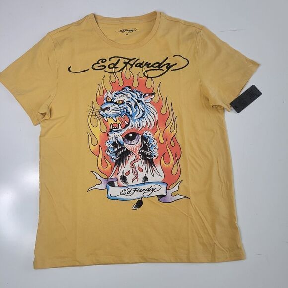 NEW M ED HARDY FIRE TIGER EVIL EYE MEN'S YELLOW BLUE BLACK TSHIRT MEDIUM NWT - Picture 1 of 8